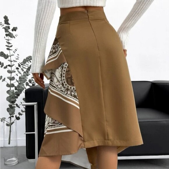 NEW Avant Garde Layered Scarf Asymmetrical Midi Skirt L Posh Preppy Brown - Picture 4 of 8